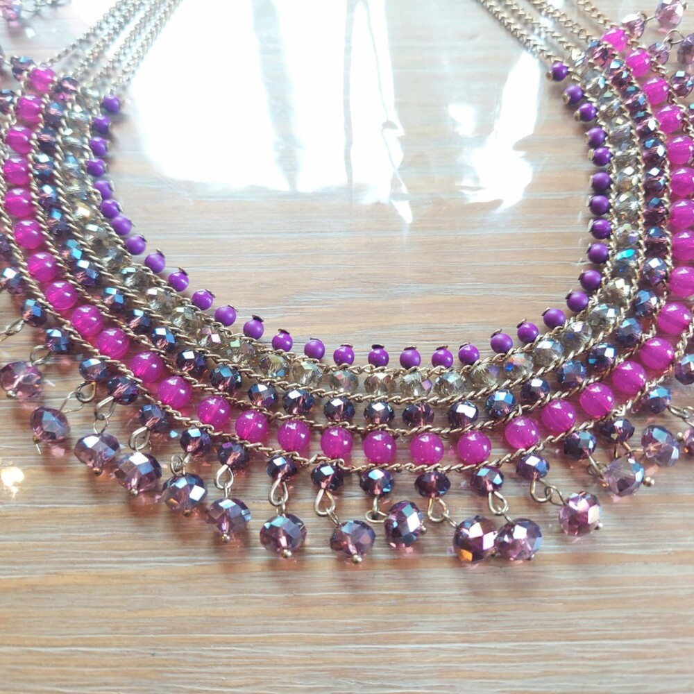 Vintage Beaded Brass Bib Necklace with Crystals - Picture 3 of 6